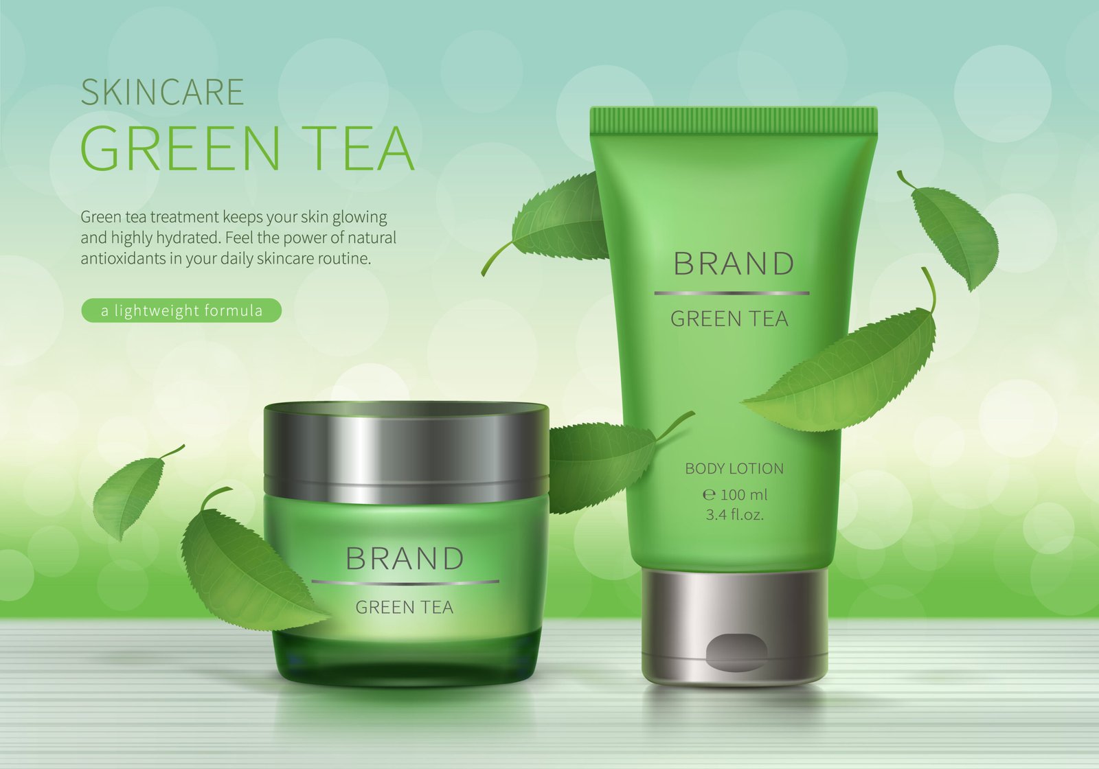 Cosmetic realistic vector background. Green glass jar and plastic tube with silver lid and flying green tea leaves, natural cream and lotion formula for healthy skin. Mock up for organic products.