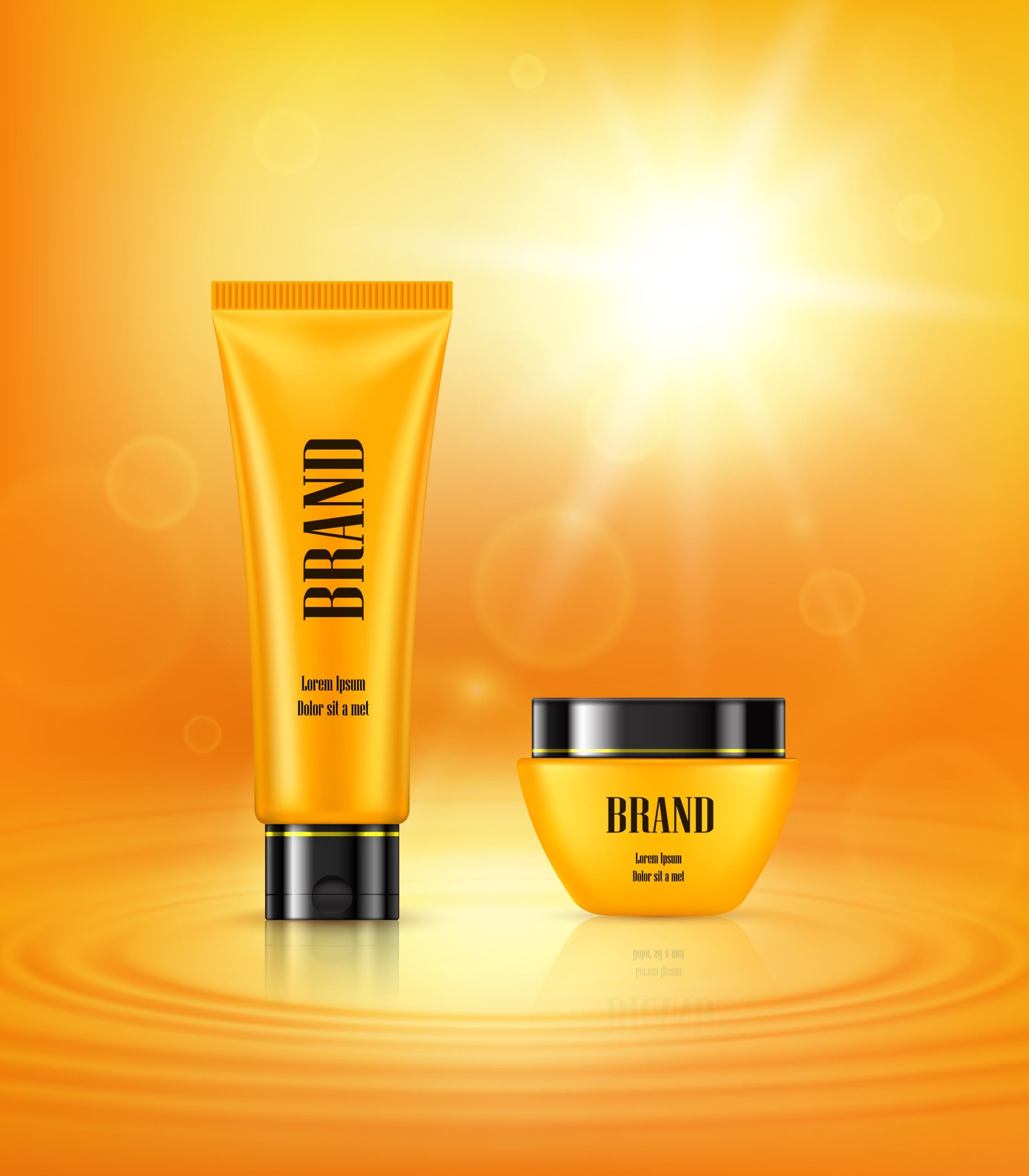 Vector 3D illustration in a realistic style, poster with anti-aging cosmetic premium products, light background with beautiful yellow tube and jar on a yellow background with a light effect