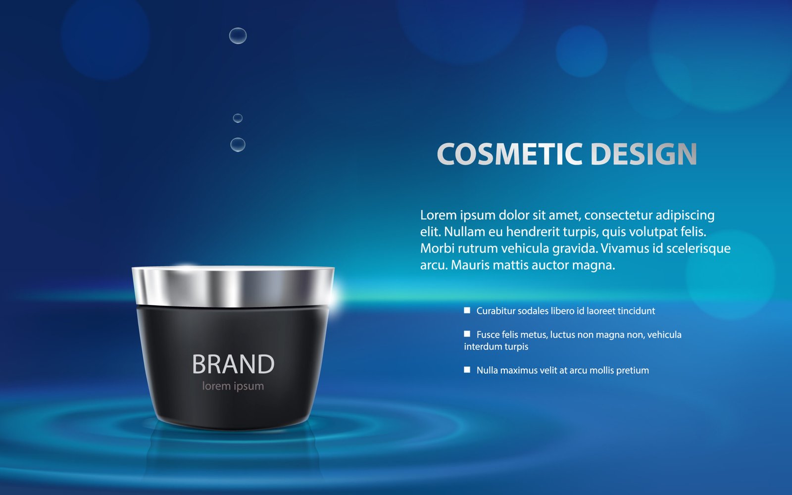 Advertising poster of a moisturizing cosmetic product, a black jar with a silver lid, water droplets isolated on a blue background. Vector realistic design of packaging for moisturizing face cream