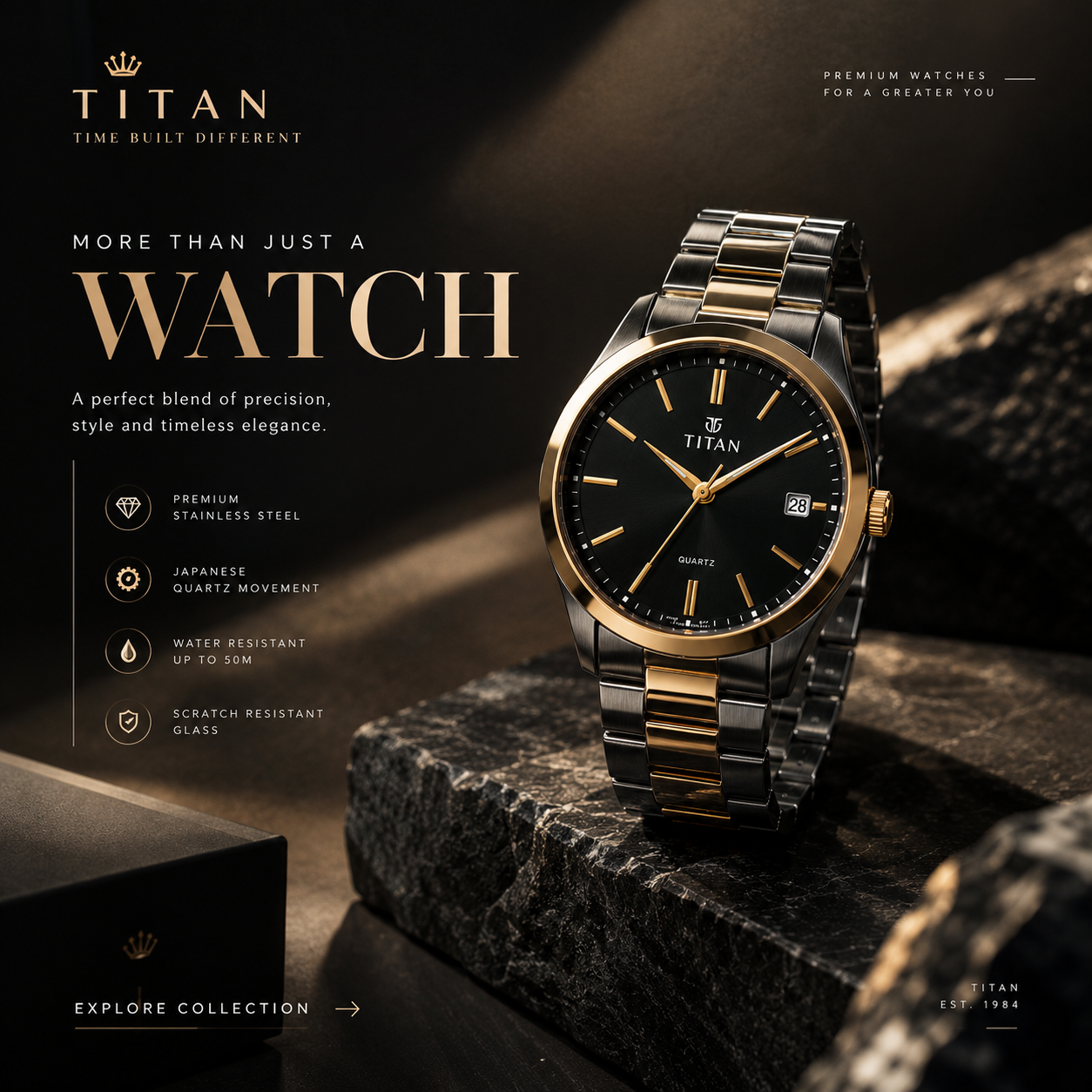 Titan Black and Gold Luxury Watch Ad